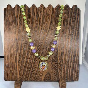 Disney Princess Tiana Beaded Necklace Green & Purple With Charm Handmade Womens